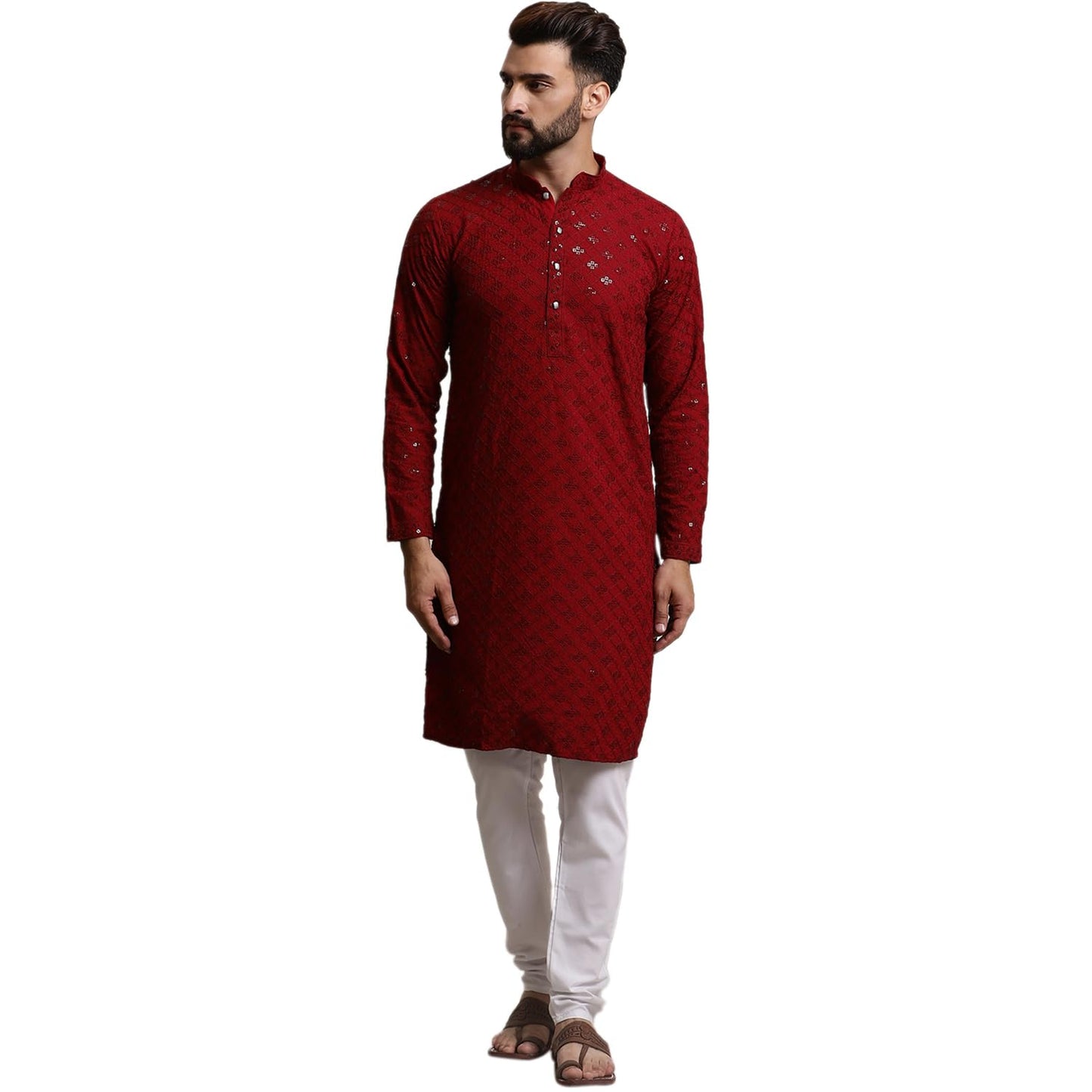 SOJANYA (Since 1958 Elegant Maroon Sequence Kurta & White Pyjama Set for Festive Occasions