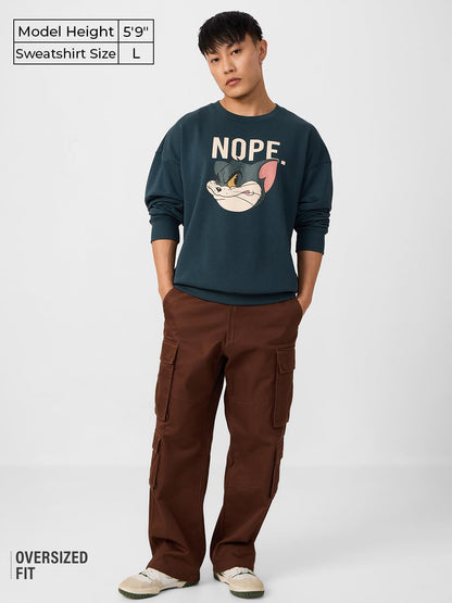 The Souled Store Official Tom & Jerry : Nope Men and Boys Long Sleeves Round Neck Cotton Blend Oversized Sweatshirts Blue