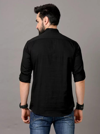 Deemoon MenS Cotton Blend Full Sleeve Short Kurta With Mandarin Collar Crafted From A Premium Cotton Blend Black