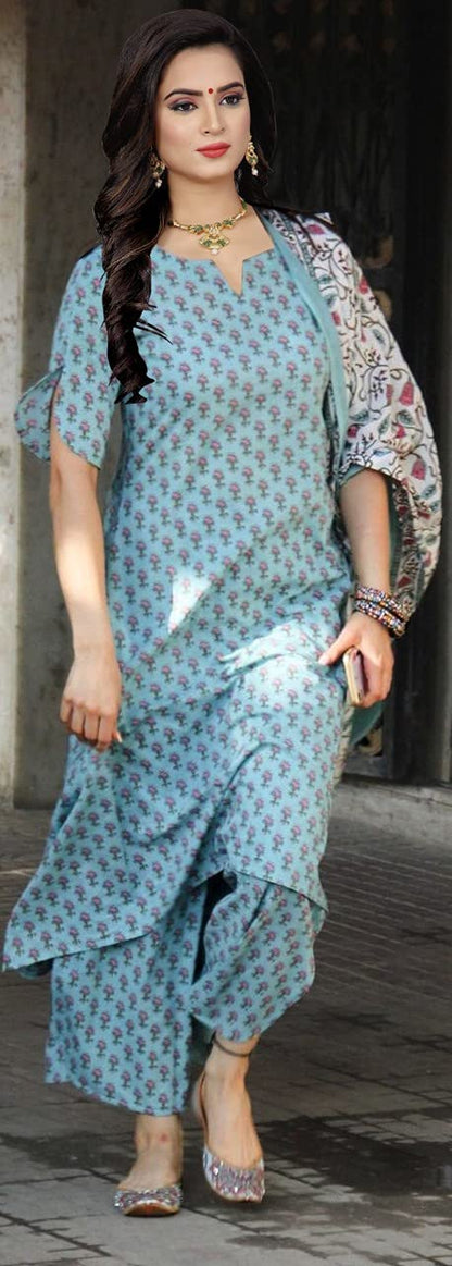 ANNI DESIGNER Women's Cotton Blend Floral Regular Kurta and Palazzos & Dupatta