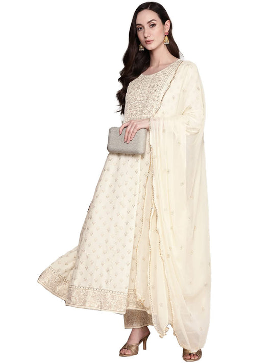 anubhutee Women's Viscose Rayon Ethnic Motifs Off White Embroidered A-Line Kurta Suit Set