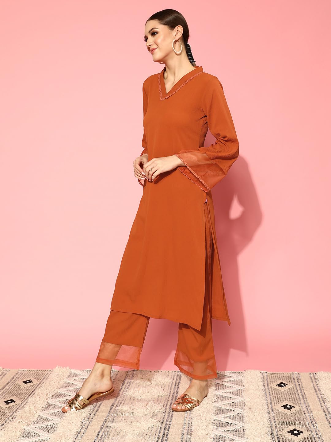 Varanga Women Rust Straight Kurta Set With Tonal Bottom  Relaxed Fit, Casual & Semi-Formal Wear, Comfortable Cotton Kurta For Wo