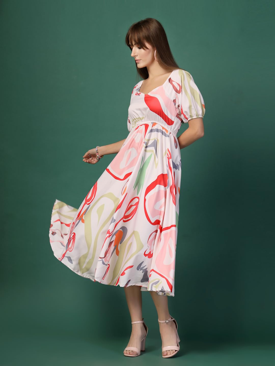 Oomph! Flared Dress For Women Stylish | Long One Piece For Women | Puff Sleeve Long Dress | Floral Print Maxi One Piece | Wester