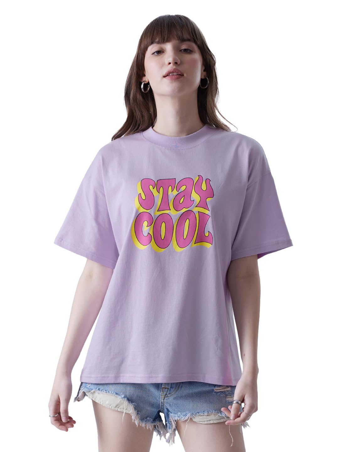 The Souled Store Official Looney Tunes: Stay Cool Womens and Girls Oversized fit Graphic Printed Half Cotton Lavender Color Wome