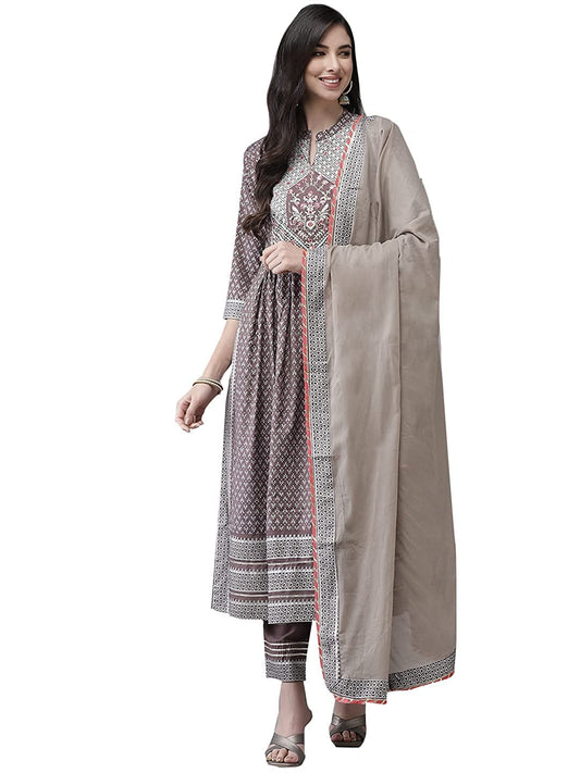 ishin Women's Viscose Rayon Purple Embroidered A-Line Kurta suit set With Dupatta & Pants