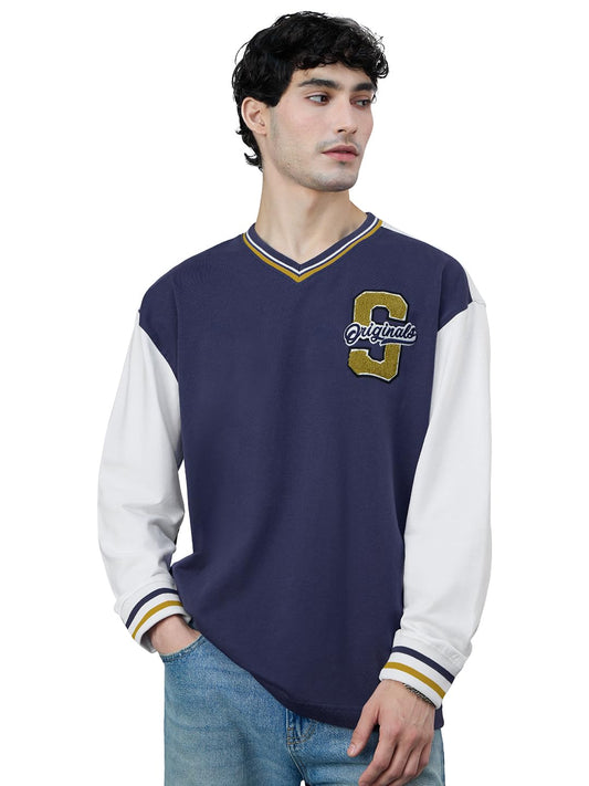 The Souled Store Varsity Style: Blue League Men and Boys Full Sleeves Round Neck Navy Blue and Off White Embroidered Cotton Over