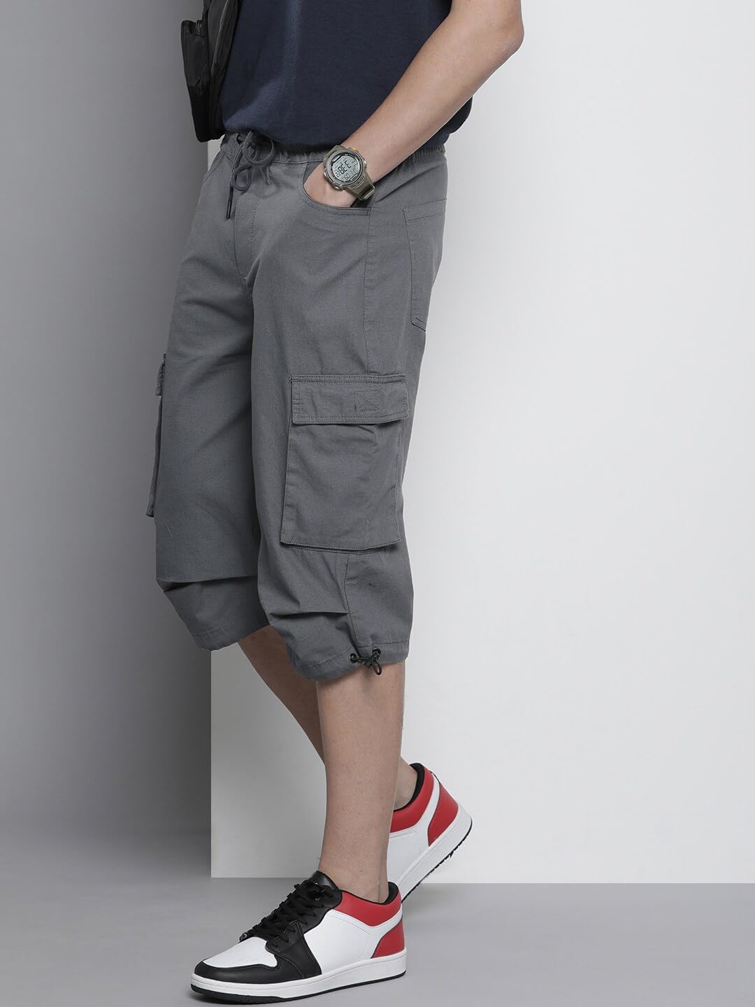 The Indian Garage Co Men Relaxed Fit Solid Mid-Rise Cargo Bermuda Shorts Ash Grey