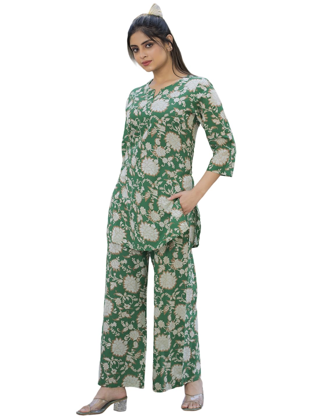 Pinkmint Pure Cotton Co Ord Set for Women l 3/4 Sleeve Printed Comfortable & Stylish Trendy Top & Bottom Matching Set Green