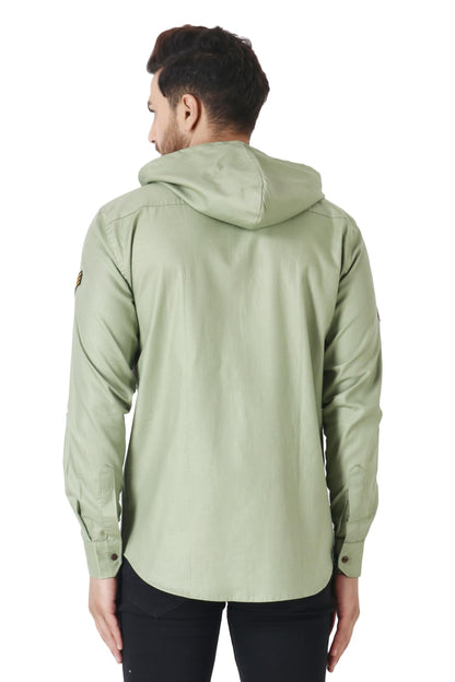 Besix MenS Green Tailored Fit Cotton Blend Shirt For Man With Hoodie - Casual Long Sleeve Shirt With Pockets - Patch Detail For