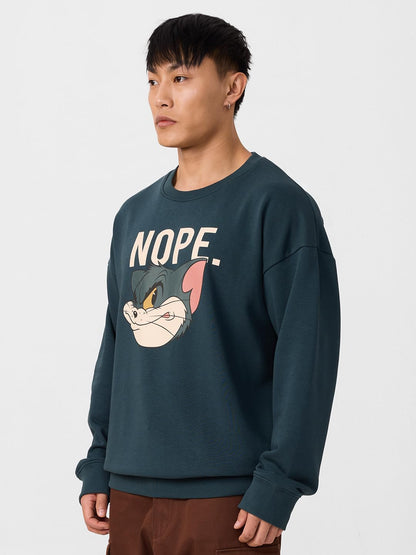 The Souled Store Official Tom & Jerry : Nope Men and Boys Long Sleeves Round Neck Cotton Blend Oversized Sweatshirts Blue