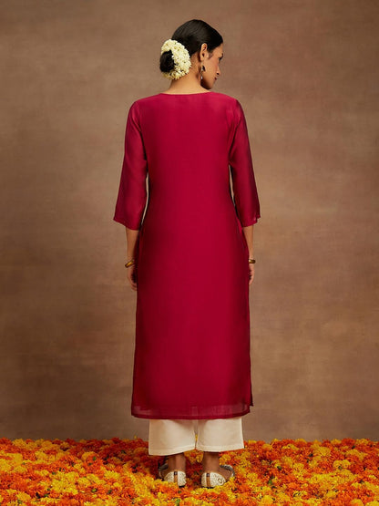 Libas WomenS Chanderi Silk Embroidered Straight Kurta (58009_Hot Pink