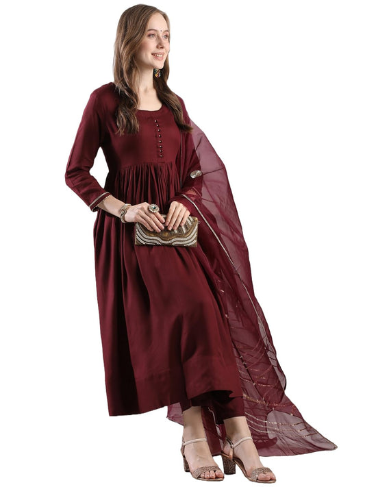 Gosriki WomenS Rayon Blend Anarkali Solid Kurta With Pant & Dupatta (Jaynti Wine-Vks04-Gs_Xl_Wine_X-Large)
