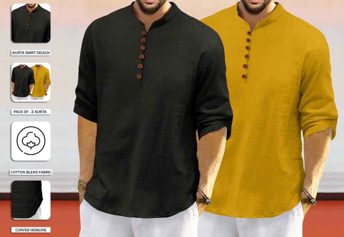 Royalscout MenS Cotton Polyester Blend Solid Regular Fit Full Sleeve Short Kurta | Ethnic, Lightweight Summer Kurta For Daily &