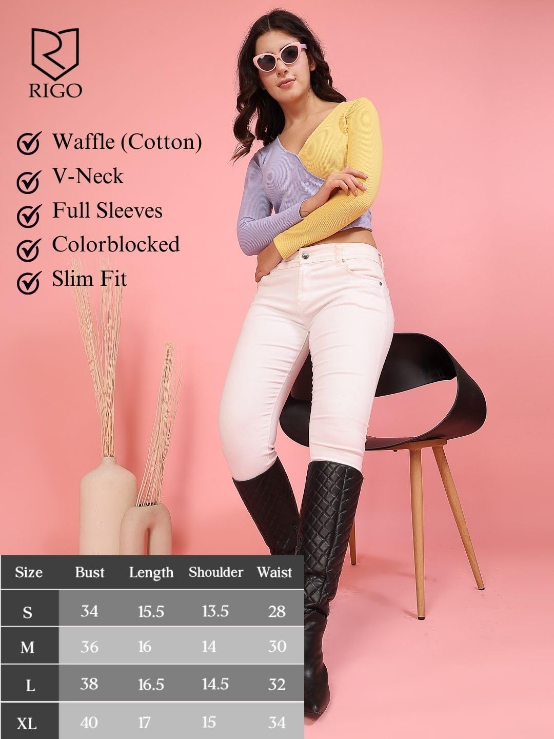 Rigo Casual Wear V Neck Rib Knit Top for Women | Slim Fit Long Sleeves Western Tops for Women