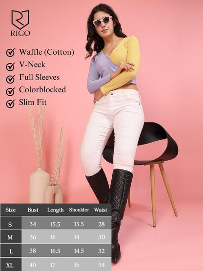 Rigo Casual Wear V Neck Rib Knit Top for Women | Slim Fit Long Sleeves Western Tops for Women