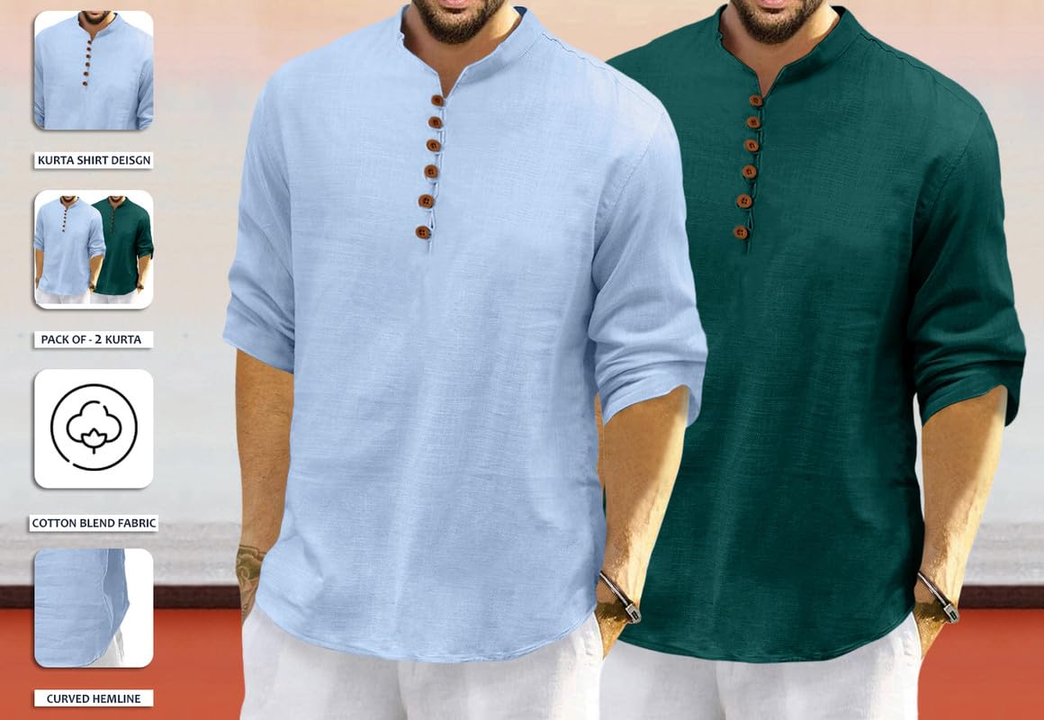 Royalscout MenS Cotton Polyester Blend Solid Regular Fit Full Sleeve Short Kurta | Ethnic, Lightweight Summer Kurta For Daily &