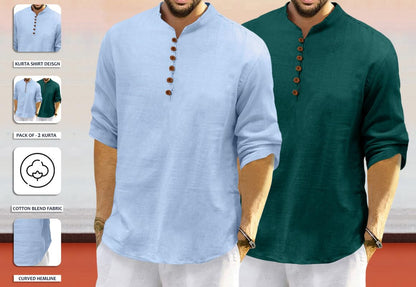 Royalscout MenS Cotton Polyester Blend Solid Regular Fit Full Sleeve Short Kurta | Ethnic, Lightweight Summer Kurta For Daily &