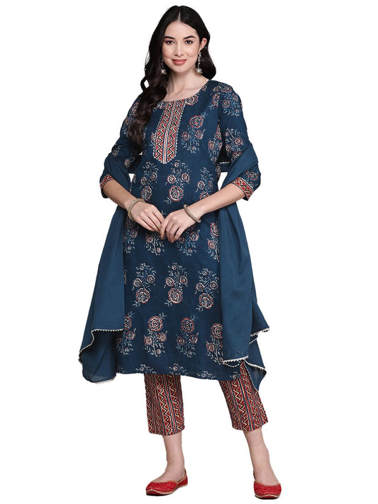 anubhutee Women's Pure Cotton Floral Printed Navy Blue Straight Kurta Suit Set With Trousers Dupatta