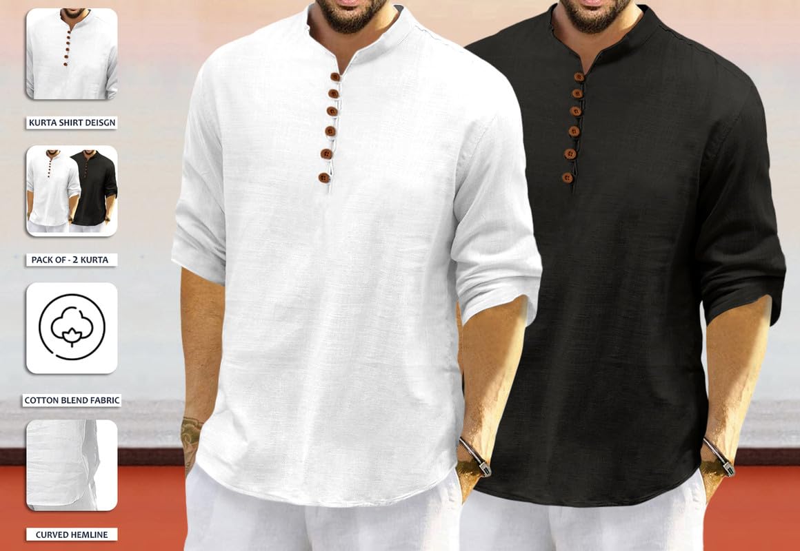 Royalscout MenS Cotton Polyester Blend Solid Regular Fit Full Sleeve Short Kurta | Ethnic, Lightweight Summer Kurta For Daily &