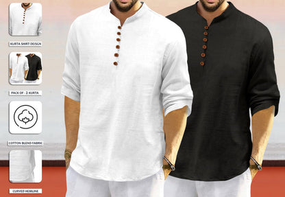 Royalscout MenS Cotton Polyester Blend Solid Regular Fit Full Sleeve Short Kurta | Ethnic, Lightweight Summer Kurta For Daily &