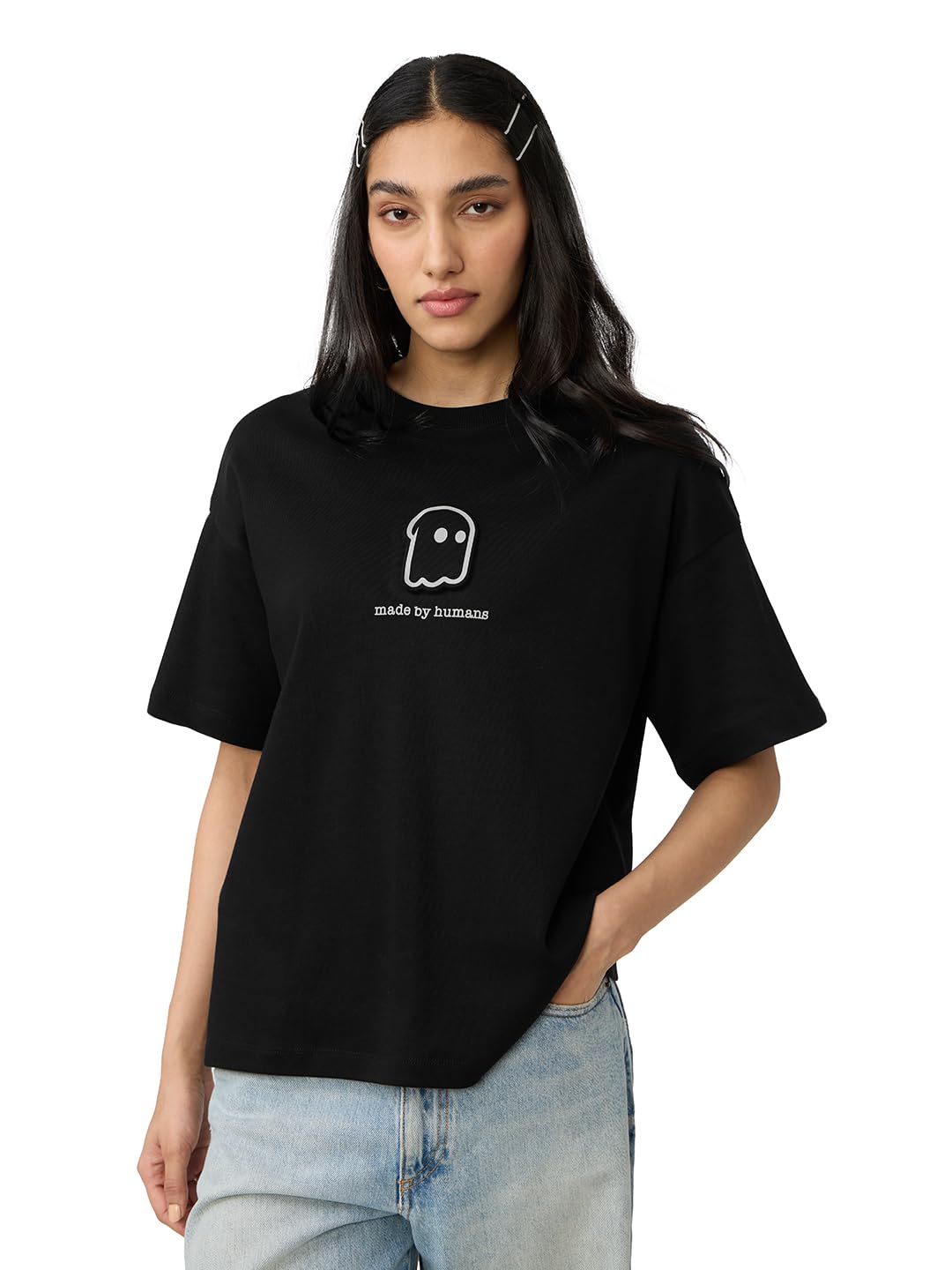 The Souled Store Holograph Women and Girls Short Sleeves Round Neck Black Graphic Printed Cotton Oversized T-Shirts