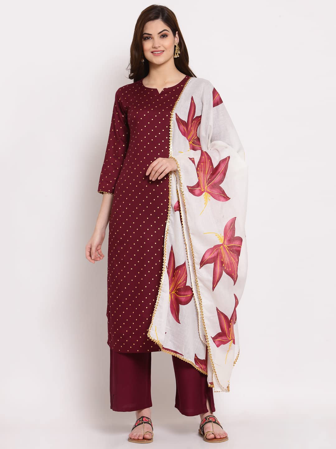 GoSriKi Women's Rayon Straight Kurta with Palazzo & Dupatta (KPZD-COT-10023-PURPLE-GO)