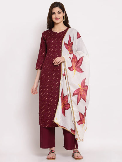GoSriKi Women's Rayon Straight Kurta with Palazzo & Dupatta (KPZD-COT-10023-PURPLE-GO)