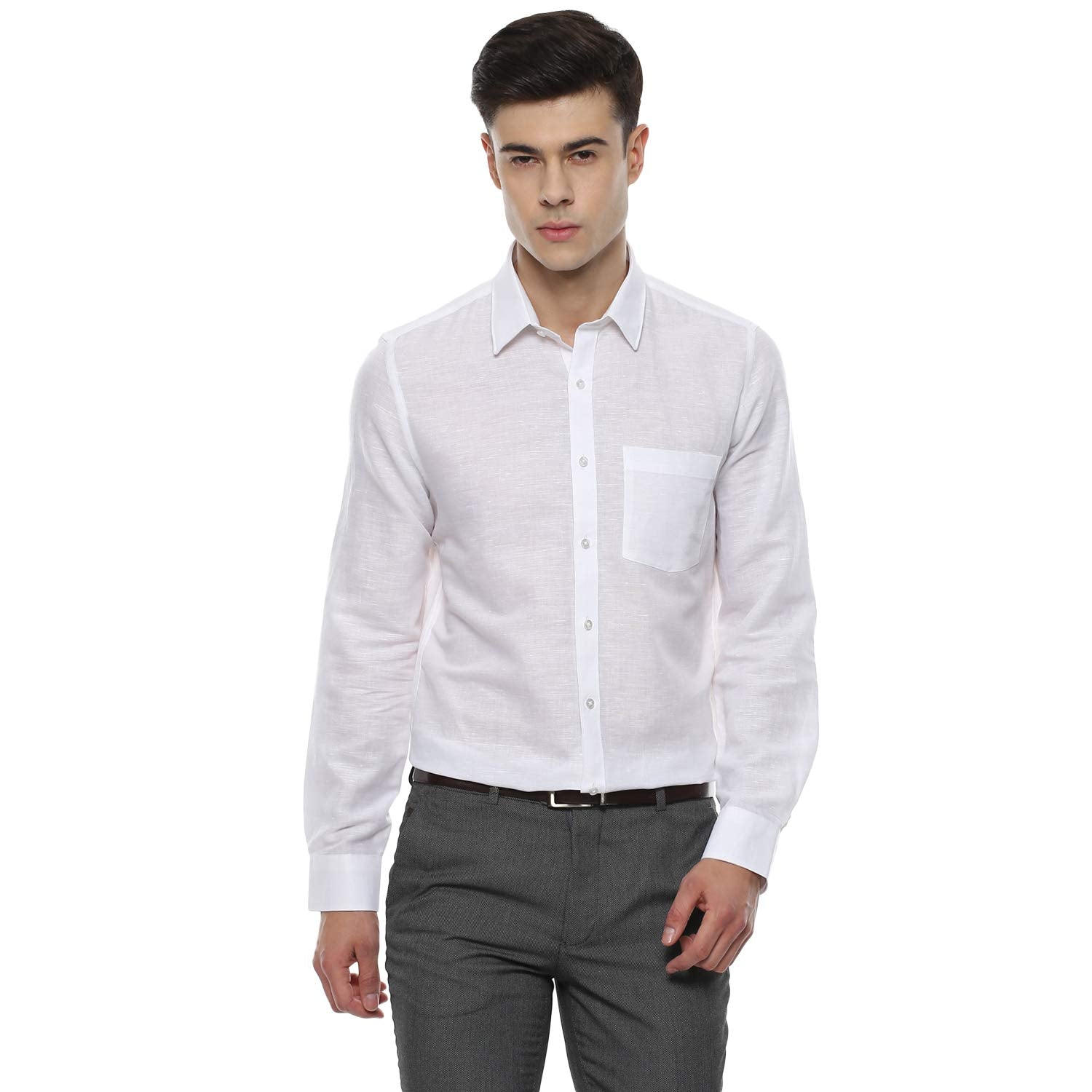 Turtle Men Cotton Linen Slim Fit Solid Formal Shirts White