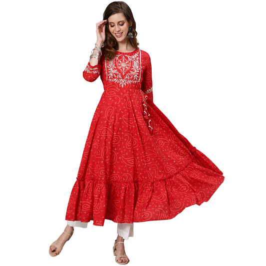 ishin Women's Cotton Red Yoke Design Embroidered Anarkali Tiered Kurta