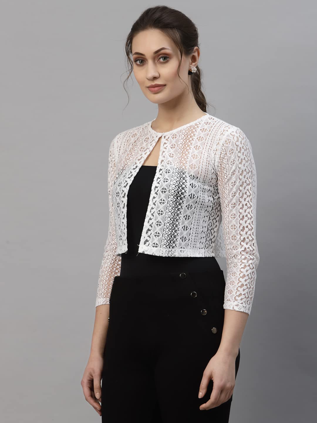 Style Quotient Women White Laced Cropped Shrug