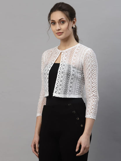 Style Quotient Women White Laced Cropped Shrug