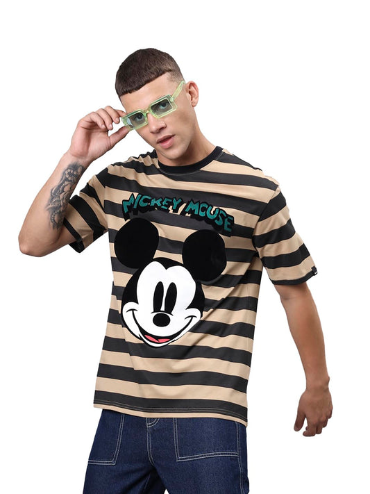 Bewakoof Official Disney Merchandise Mens Striped Oversized T-Shirt_589283_Brown_M