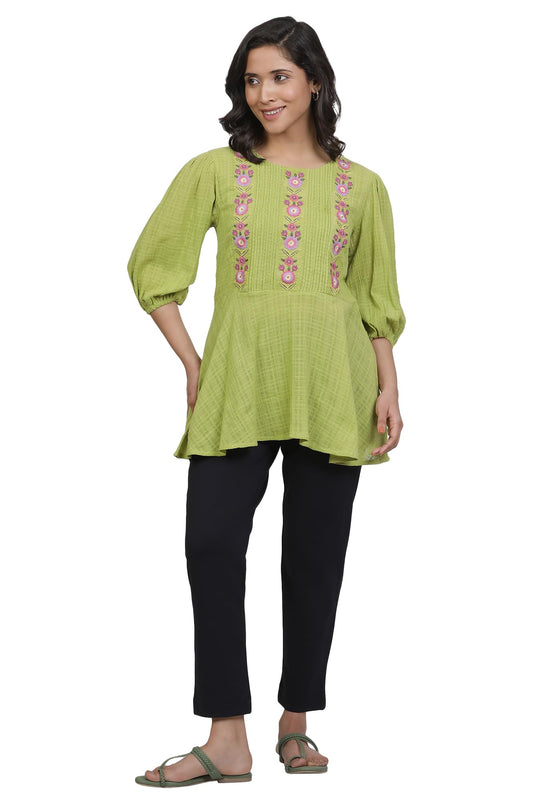 W for Woman Green Embroidered Print Cotton Straight Top