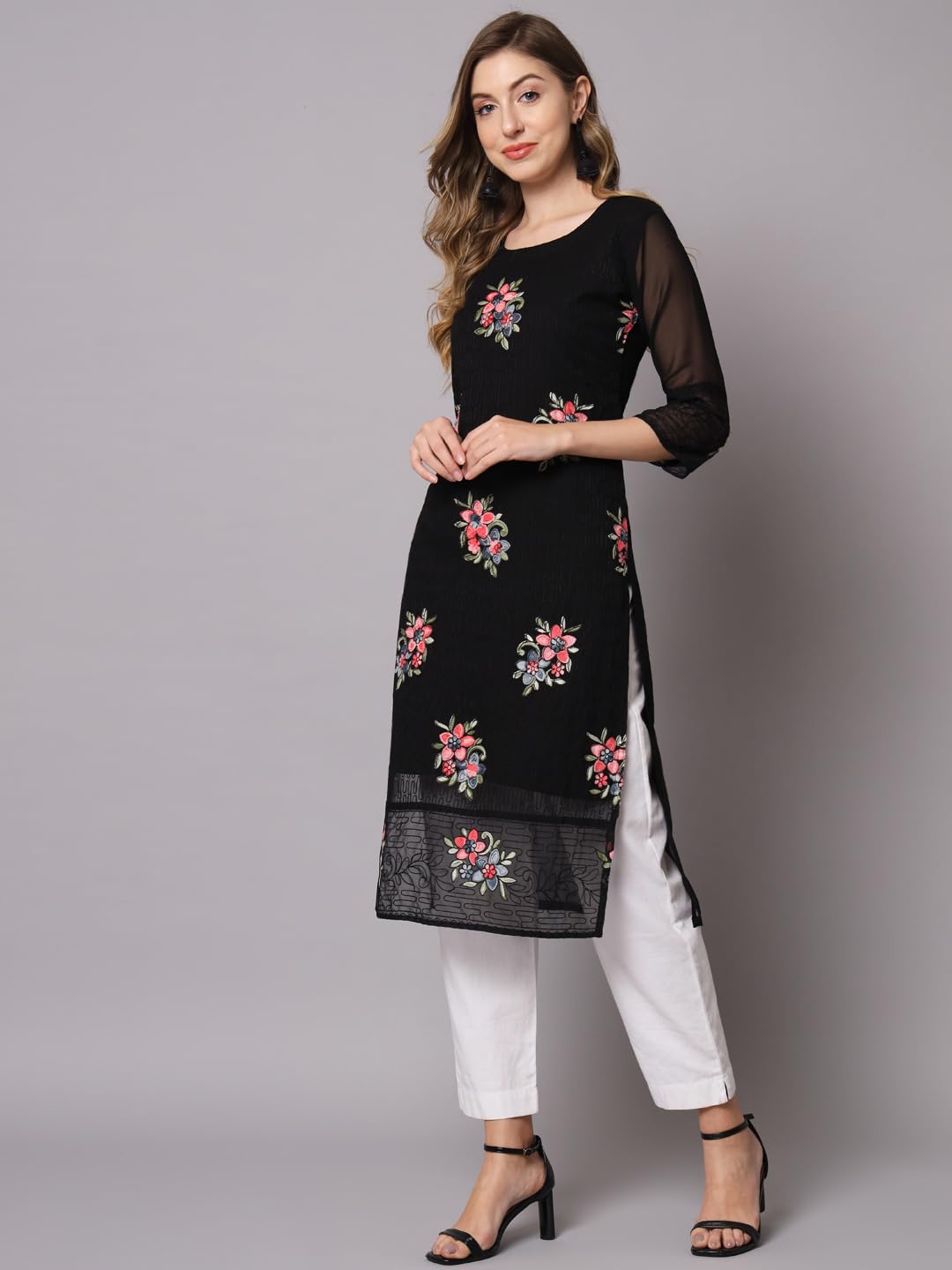 Ekasya WomenS Georgette Straight Cut Round Neck Kurta With Beautiful Floral Embroidery Work - Elegant Design, Comfortable Fit,