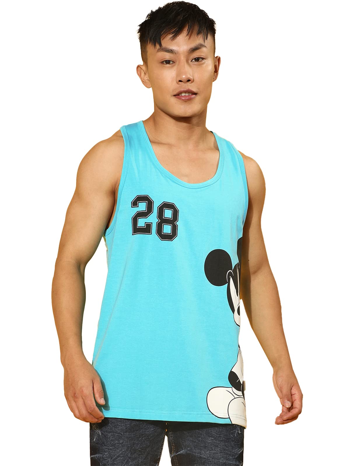 Veirdo Mens Disney Mickey Mouse Graphic Print Sleeveless Round-Neck Longline Regular Fit Vest