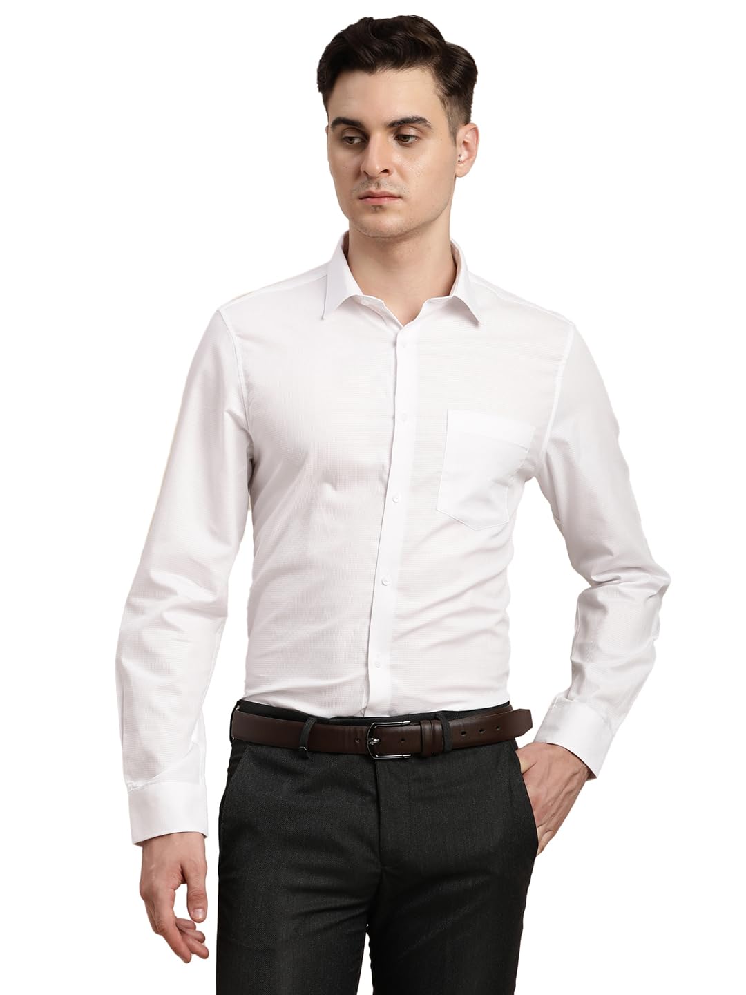 Turtle Men 100% Cotton White Self Design Slim Fit Formal Shirt