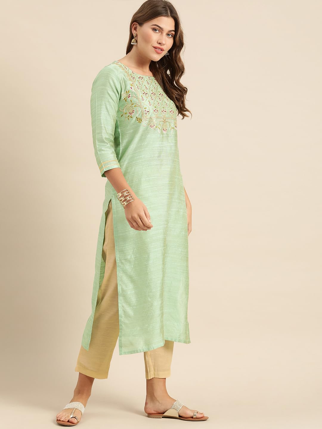 Varanga WomenS Sea Green Floral Embroidered Kurta  Ethnic, Stylish & Comfortable - Perfect For Casual & Formal Occasions (Mediu
