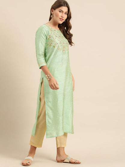 Varanga WomenS Sea Green Floral Embroidered Kurta  Ethnic, Stylish & Comfortable - Perfect For Casual & Formal Occasions (Mediu