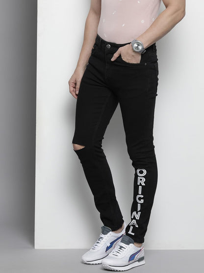 The Indian Garage Co Men Slim Fit Placement Print Mid-Rise Stretchable Jeans Black