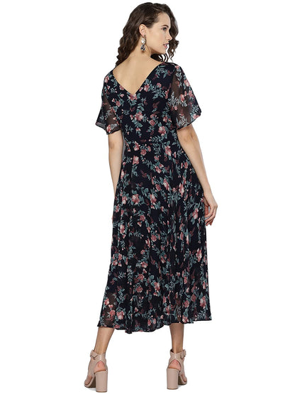 Rare Women'S Georgette Fit And Flare Midi Casual Dress (Ep6006_Navy Blue_Small)