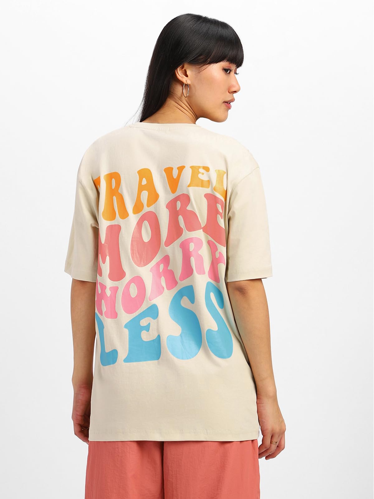 Juneberry Round Neck Drop Shoulder Beige Back Graphic Printed Pure Cotton Oversized T-Shirt For Women/Girls (Gl_Os_Trvmrwrls_Sw_