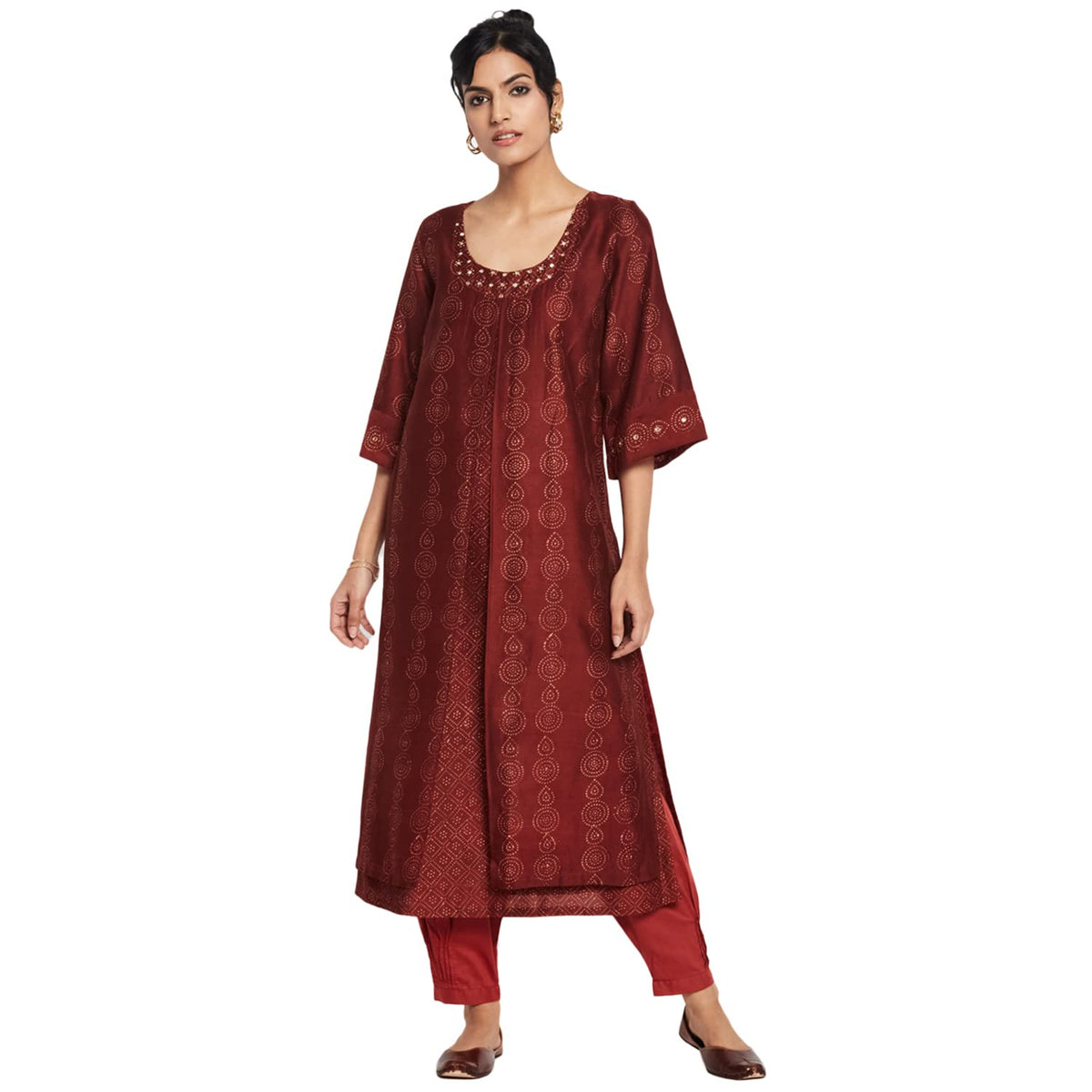 Fabindia WomenS Cotton Silk Printed Slim Kurta_Red_M