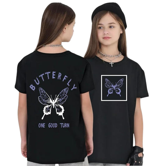 Uniplanet Store GirlS Cotton T-Shirts With Butterfly Graphic Prints Round Neck Half Sleeves Regular Fit And Standard Length Bla