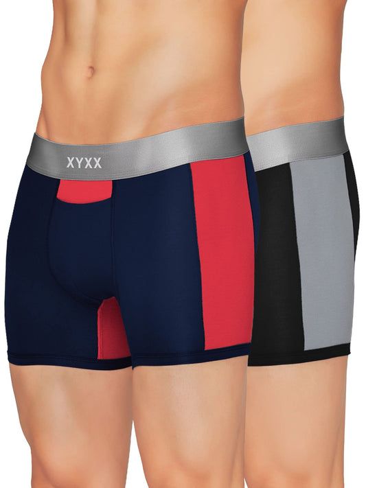 XYXX Mens Underwear Illuminati IntelliSoft Antimicrobial Micro Modal Trunk Pack of 2 (Black Iris & Tango Red;Black & Steel Grey