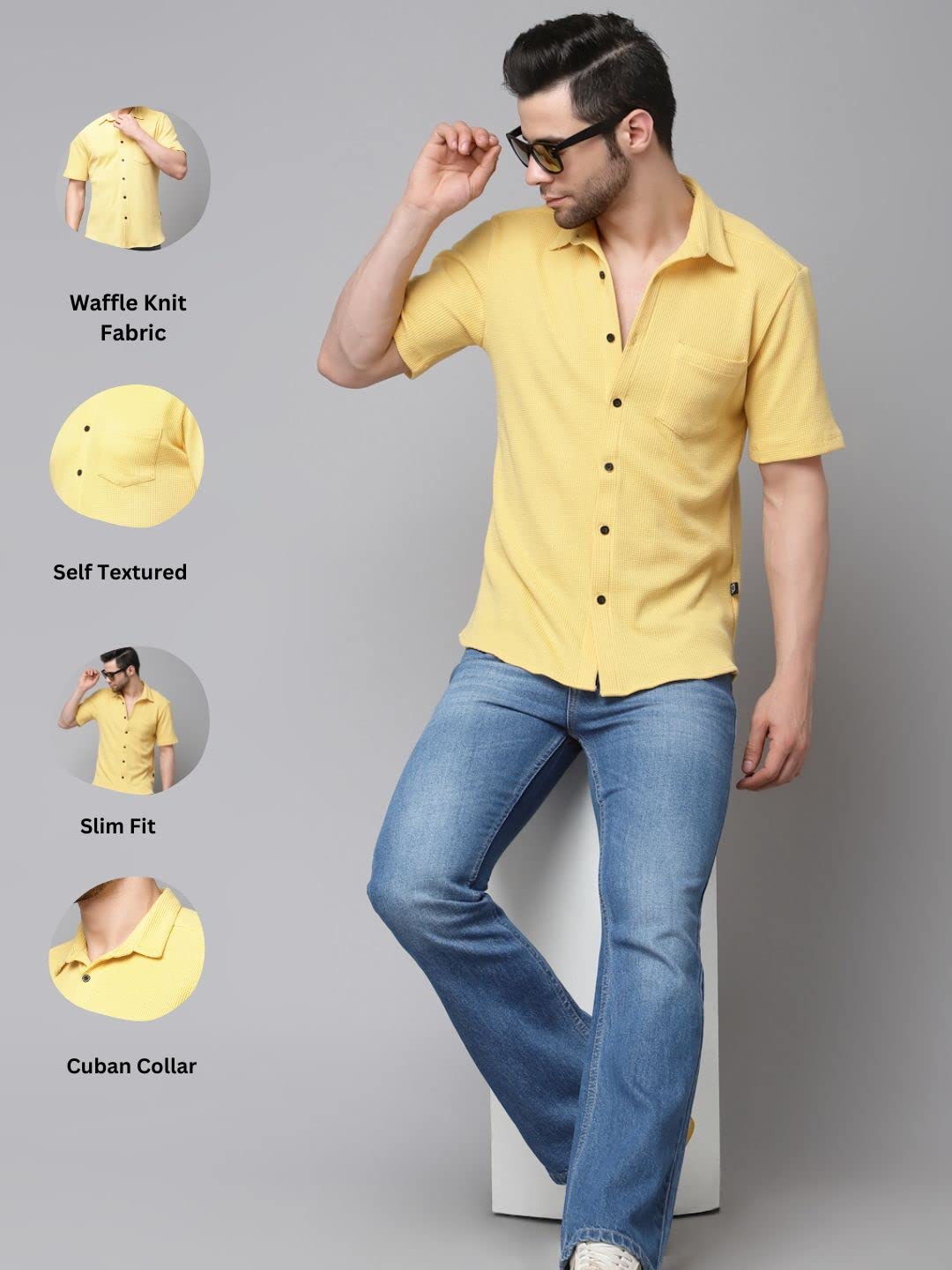 Rigo Waffle Knit Self-Textured Slim Fit Shirt for Mens | Half Sleeve Shirt for Men | Summer Shirts for Men Yellow