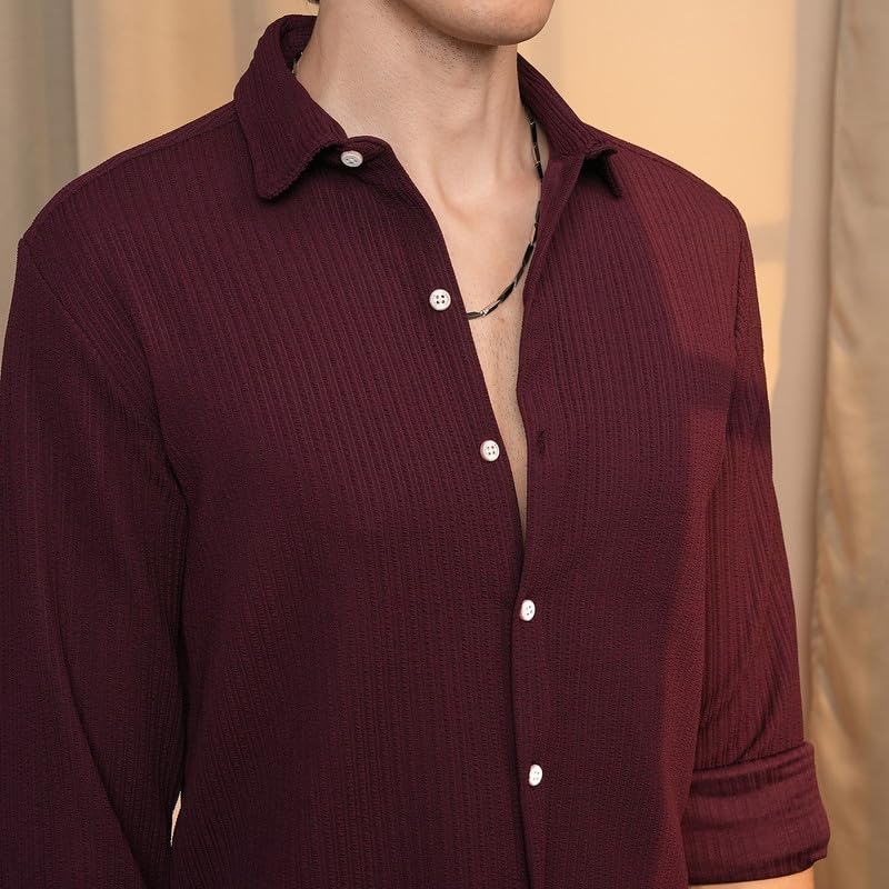 Campus Sutra Mens Maroon Red Stripe-Creased Shirt for Casual Wear | Spread Collar | Long Sleeve | Button Closure | Shirt Crafte