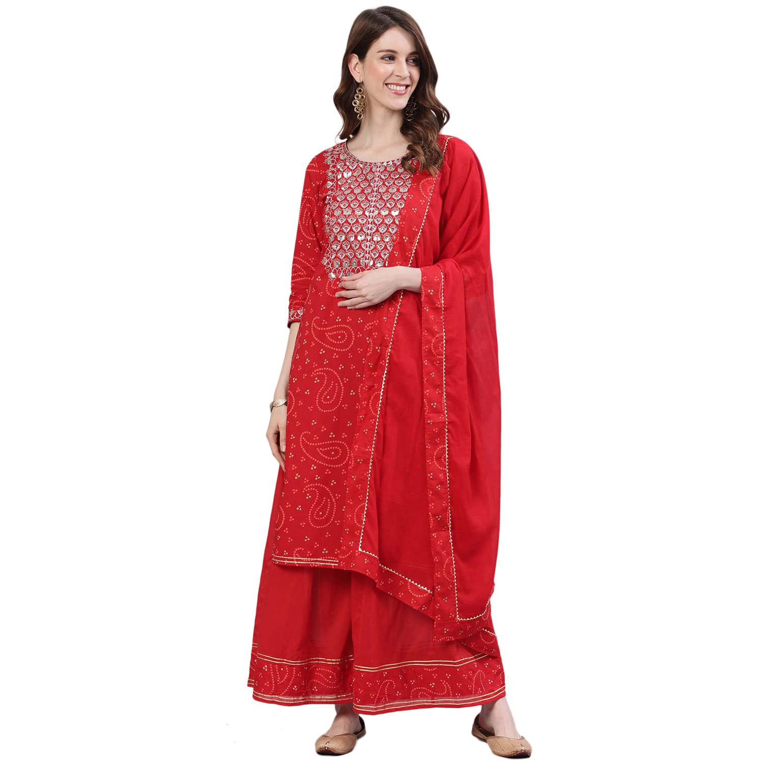 ishin Women's Pure Cotton Embroidered Zari Red Bandhani Print A-Line Kurta suit set With Dupatta & Sharara