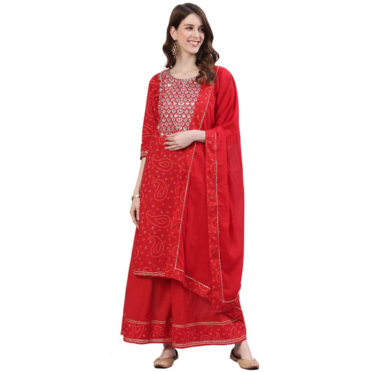 ishin Women's Pure Cotton Embroidered Zari Red Bandhani Print A-Line Kurta suit set With Dupatta & Sharara