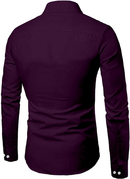 Mildin MenS Regular Cotton Blend Purple Slim Fit Solid Button Down Spread Collar Full Sleeve Curved Hemline Formal Shirt With O
