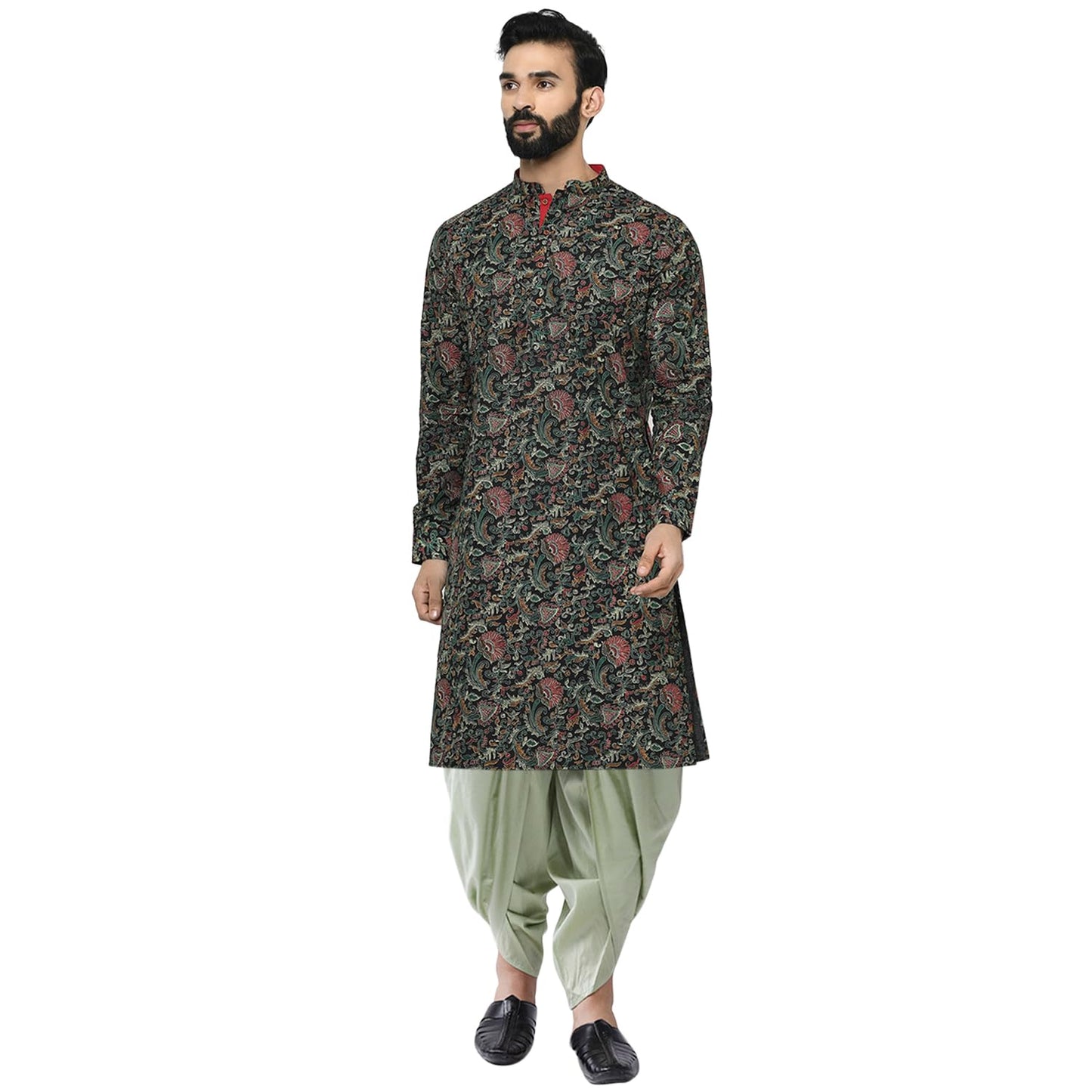 Kisah MenS Black Printed Cotton Kurta & Sage Green Dhoti Set  Ethnic Indian Wear For Weddings, Festivals & Everyday Comfort